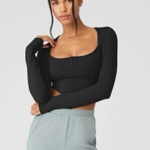 ALO Yoga Black Long Sleeve Scoop Neck corset Bodysuit - Women's size medium